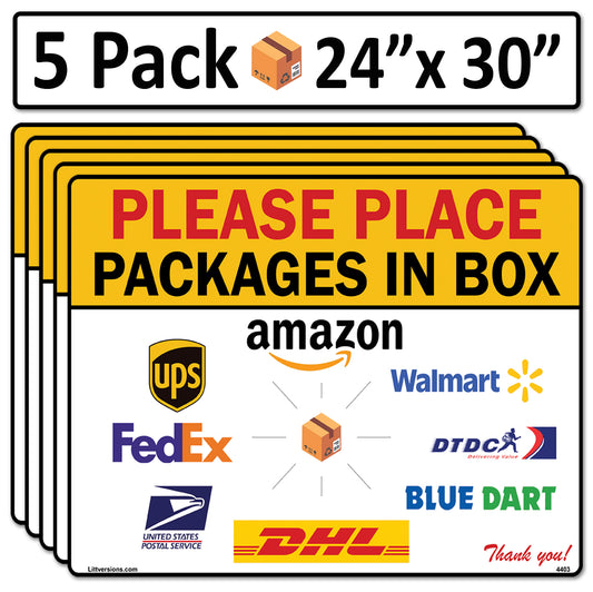 5 Pack 24"x 30" Package Delivery Sign for Home, Office, Box, Front door, Porch Self-Adhesive "Place Packages in Box" Waterproof Sign for UPS, FedEx, Amazon, USPS, DHL Decal
