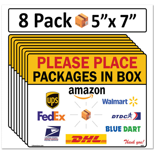 8 Pack 5"x7" Package Delivery Sign for Home, Office, Box, Front door, Porch Self-Adhesive "Place Packages in Box" Waterproof Sign for UPS, FedEx, Amazon, USPS, DHL Decal
