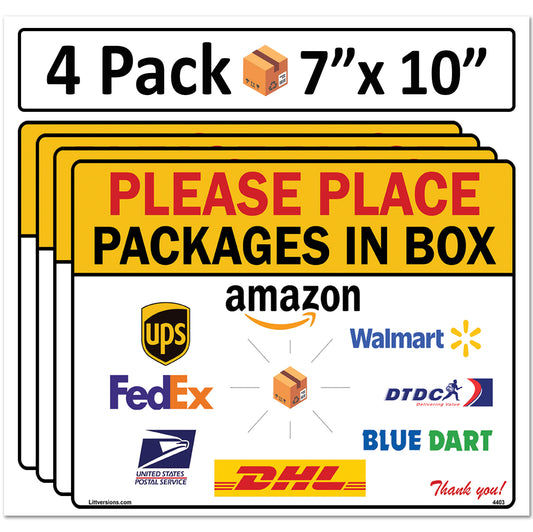 4 Pack 7"x 10" Package Delivery Sign for Home, Office, Box, Front door, Porch Self-Adhesive "Place Packages in Box" Waterproof Sign for UPS, FedEx, Amazon, USPS, DHL Decal