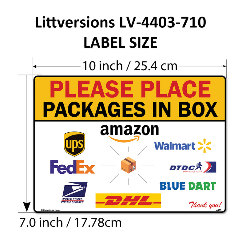 4 Pack 7"x 10" Package Delivery Sign for Home, Office, Box, Front door, Porch Self-Adhesive "Place Packages in Box" Waterproof Sign for UPS, FedEx, Amazon, USPS, DHL Decal