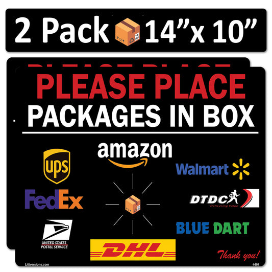 2 Pack 10"x14" Black Package Delivery Sign for Home, Office, Box, Front door, Porch Self-Adhesive "Place Packages in Box" Waterproof Sign for UPS, FedEx, Amazon, USPS, DHL Decal