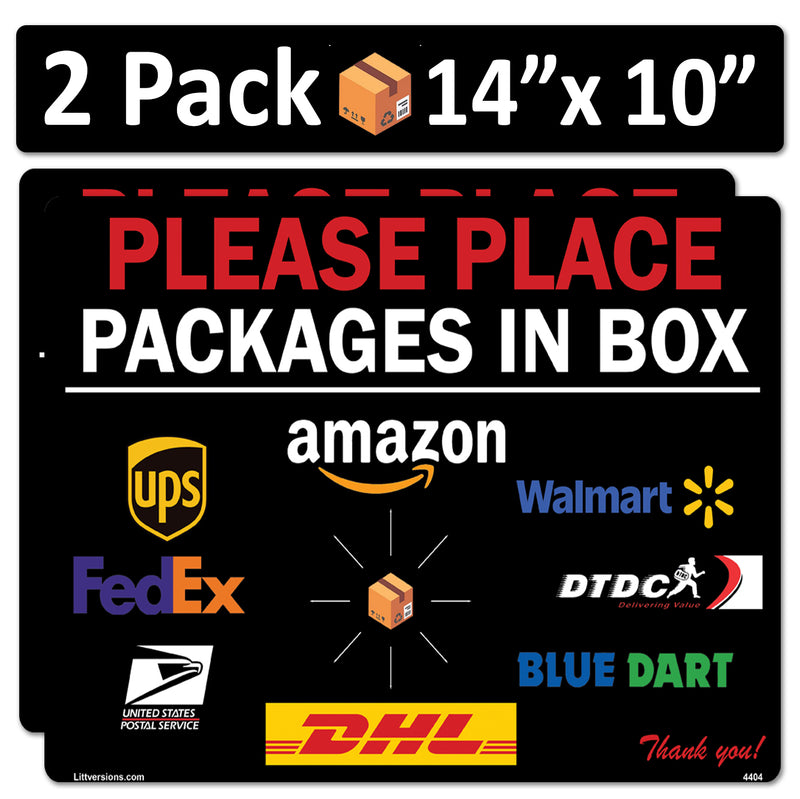 2 Pack 10"x14" Black Package Delivery Sign for Home, Office, Box, Front door, Porch Self-Adhesive "Place Packages in Box" Waterproof Sign for UPS, FedEx, Amazon, USPS, DHL Decal