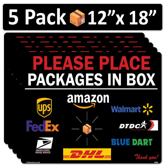 5 Pack 12"x18" Black Package Delivery Sign for Home, Office, Box, Front door, Porch Self-Adhesive "Place Packages in Box" Waterproof Sign for UPS, FedEx, Amazon, USPS Decal