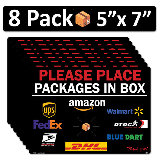 8 Pack 5"x7" Black Package Delivery Sign for Home, Office, Box, Front door, Porch Self-Adhesive "Place Packages in Box" Waterproof Sign for UPS, FedEx, Amazon, USPS, DHL Decal