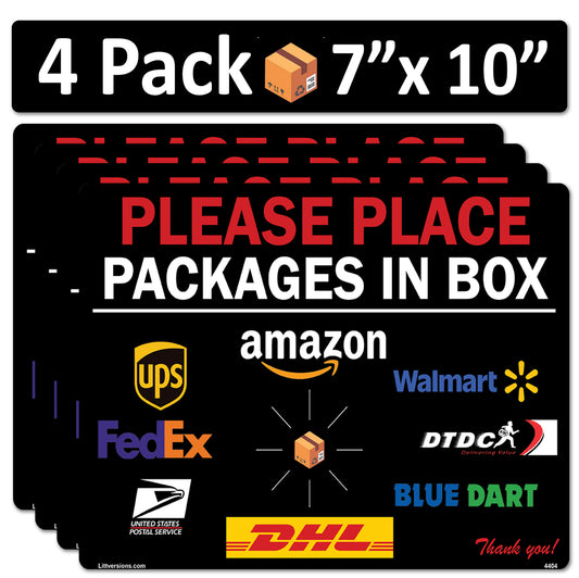 4 Pack 7"x 10" Black Package Delivery Sign for Home, Office, Box, Front door, Porch Self-Adhesive "Place Packages in Box" Waterproof Sign for UPS, FedEx, Amazon, USPS Decal