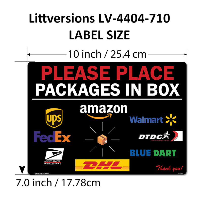 4 Pack 7"x 10" Black Package Delivery Sign for Home, Office, Box, Front door, Porch Self-Adhesive "Place Packages in Box" Waterproof Sign for UPS, FedEx, Amazon, USPS Decal