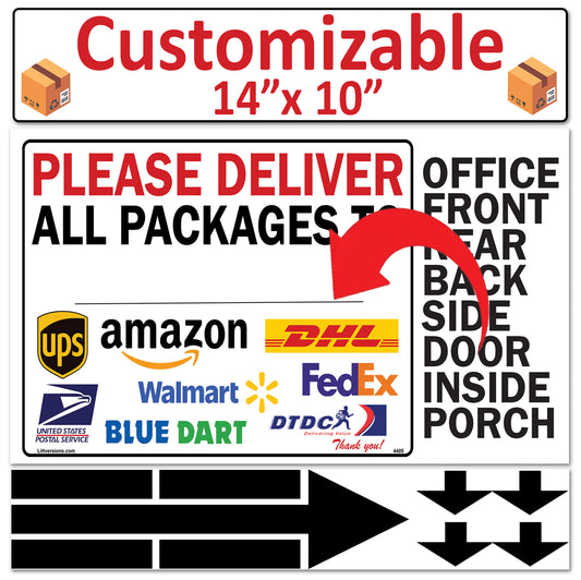 2 Pcs 10"x14" Customizable Package Delivery Sign for Home, Office, Box, Front door, Porch Self-Adhesive "Deliver To" Waterproof Sign for UPS, FedEx, Amazon, USPS, DHL Decal