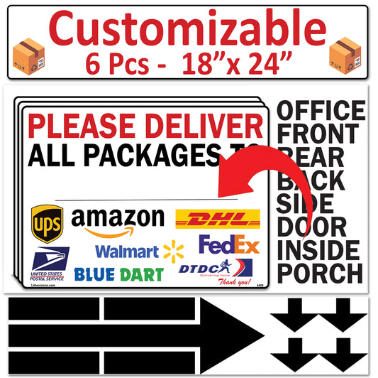 6 Pcs 18"x24" Customizable Package Delivery Sign for Home, Office, Box, Front door, Porch Self-Adhesive "Deliver To" Waterproof Sign for UPS, FedEx, Amazon, USPS, DHL Decal