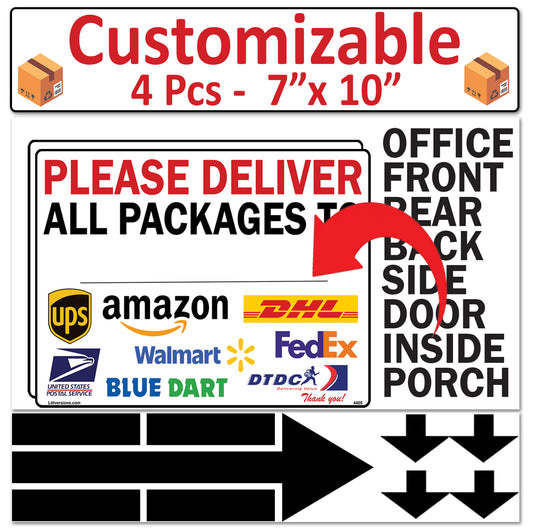 4 Pcs 7"x10" Customizable Package Delivery Sign for Home, Office, Box, Front door, Porch Self-Adhesive "Deliver To" Waterproof Sign for UPS, FedEx, Amazon, USPS, DHL Decal