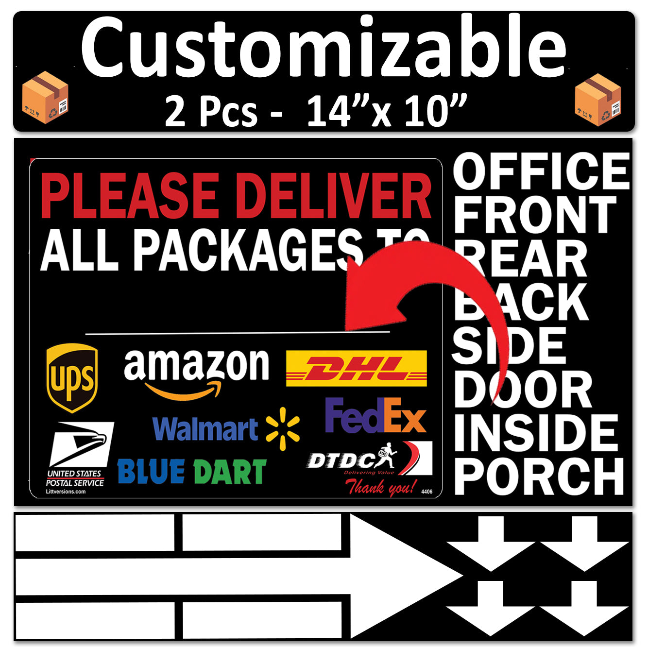 2 Pcs 10"x14" Black Customizable Package Delivery Sign for Home, Office, Box, Front door, Porch Self-Adhesive "Deliver To" Waterproof Sign for UPS, FedEx, Amazon, USPS, DHL Decal