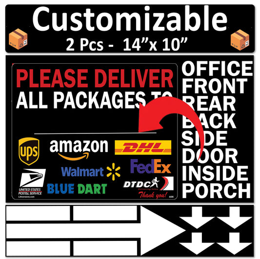 2 Pcs 10"x14" Black Customizable Package Delivery Sign for Home, Office, Box, Front door, Porch Self-Adhesive "Deliver To" Waterproof Sign for UPS, FedEx, Amazon, USPS, DHL Decal