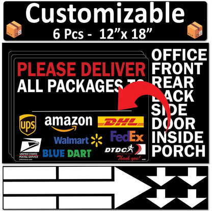 6 Pcs 12"x18" Black Customizable Package Delivery Sign for Home, Office, Box, Front door, Porch Self-Adhesive "Deliver To" Waterproof Sign for UPS, FedEx, Amazon, USPS, DHL Decal