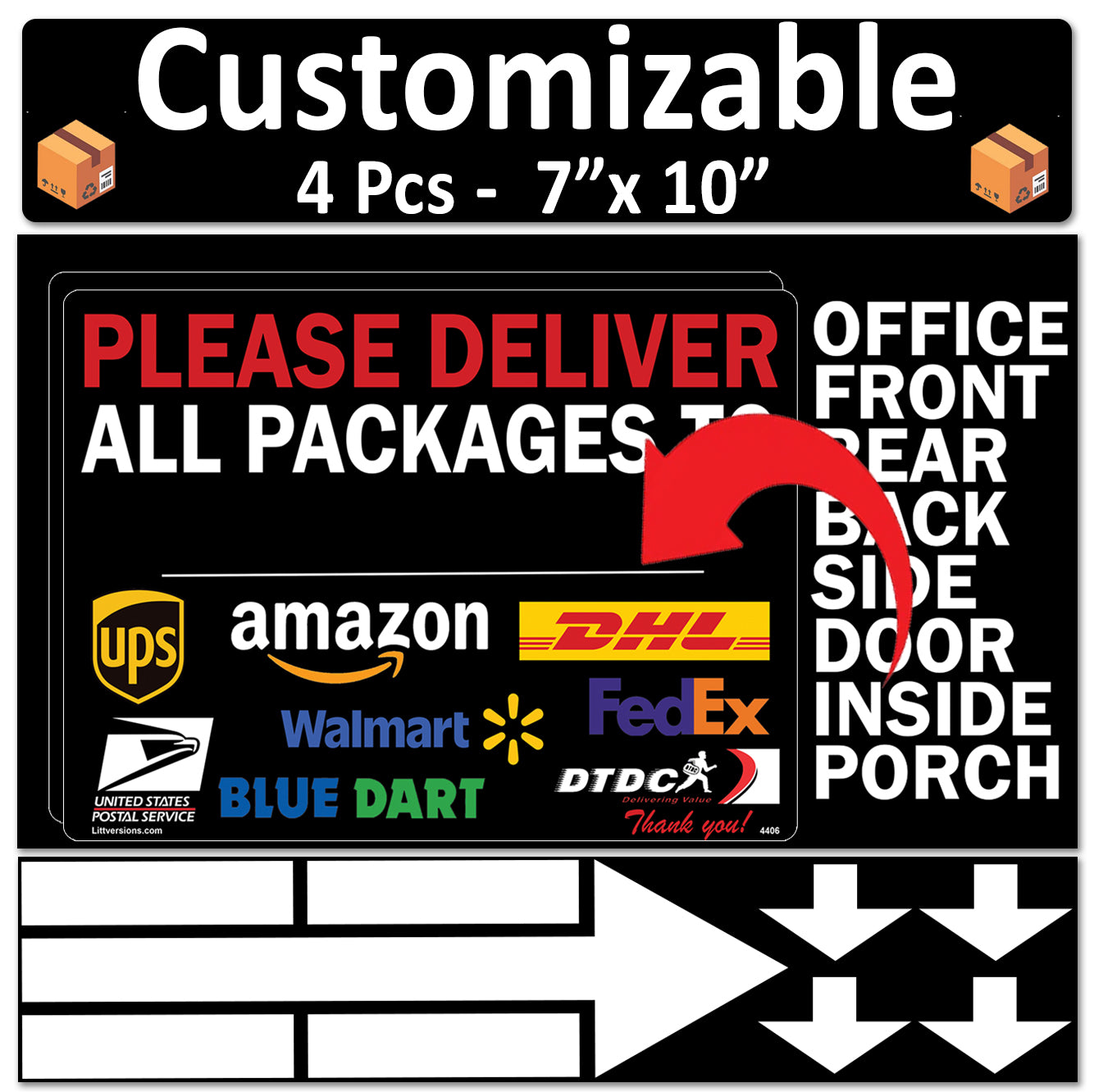 4 Pcs 7"x10" Black Customizable Package Delivery Sign for Home, Office, Box, Front door, Porch Self-Adhesive "Deliver To" Waterproof Sign for UPS, FedEx, Amazon, USPS, DHL Decal
