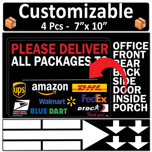 4 Pcs 7"x10" Black Customizable Package Delivery Sign for Home, Office, Box, Front door, Porch Self-Adhesive "Deliver To" Waterproof Sign for UPS, FedEx, Amazon, USPS, DHL Decal