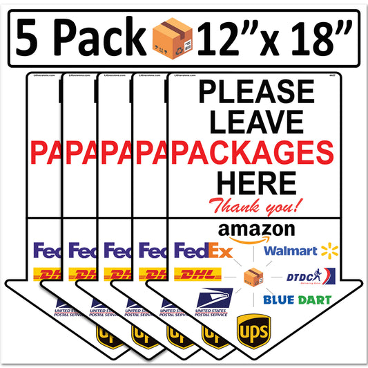 5 Pack 12"x18" Arrow Package Delivery Sign for Home, Office, Box, Front door, Porch Self-Adhesive "Please Leave Packages Here" Waterproof Sign for UPS, FedEx, Amazon Decal