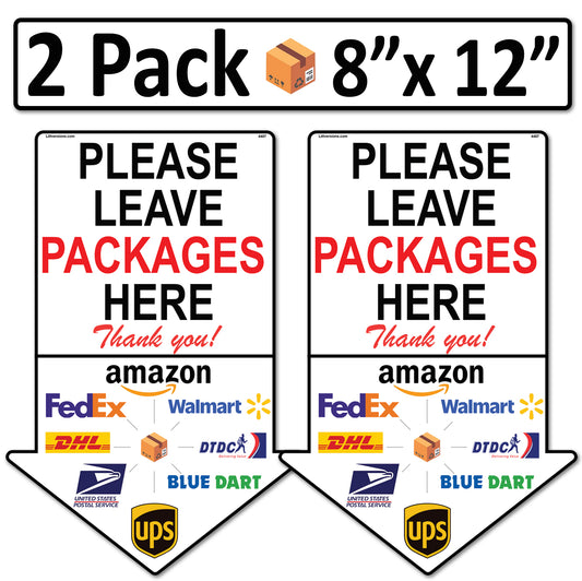 2 Pack 8"x12" Arrow Package Delivery Sign for Home, Office, Box, Front door, Porch Self-Adhesive "Please Leave Packages Here" Waterproof Sign for UPS, FedEx, Amazon Decal