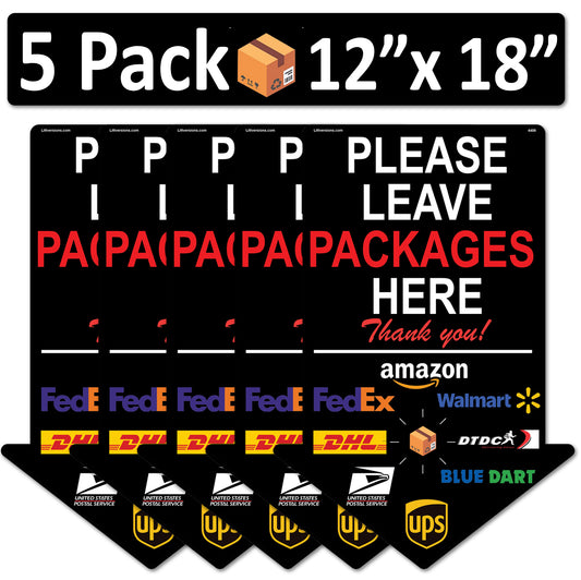 5 Pack 12"x18" Black Arrow Package Delivery Sign for Home, Office, Box, Front door, Porch Self-Adhesive "Please Leave Packages Here" Waterproof Sign for UPS, FedEx, Amazon