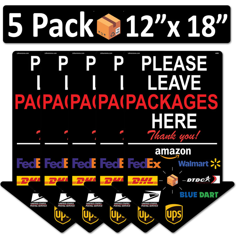 5 Pack 12"x18" Black Arrow Package Delivery Sign for Home, Office, Box, Front door, Porch Self-Adhesive "Please Leave Packages Here" Waterproof Sign for UPS, FedEx, Amazon