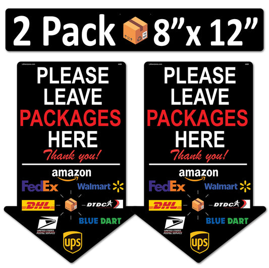 2 Pack 8"x12" Black Arrow Package Delivery Sign for Home, Office, Box, Front door, Porch Self-Adhesive "Please Leave Packages Here" Waterproof Sign for UPS, FedEx, Amazon