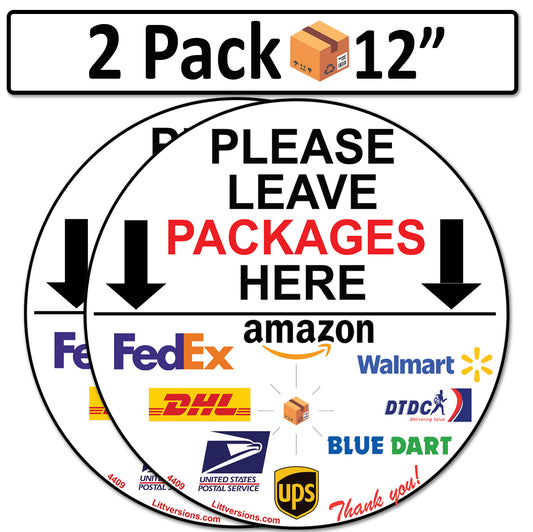 2 Pack 12" Circle Package Delivery Sign for Home, Office, Box, Front door, Porch Self-Adhesive "Please Leave Packages Here" Waterproof Sign for UPS, FedEx, Amazon Decal