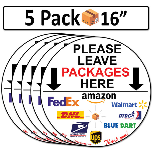 5 Pack 16" Circle Package Delivery Sign for Home, Office, Box, Front door, Porch Self-Adhesive "Please Leave Packages Here" Waterproof Sign for UPS, FedEx, Amazon Decal
