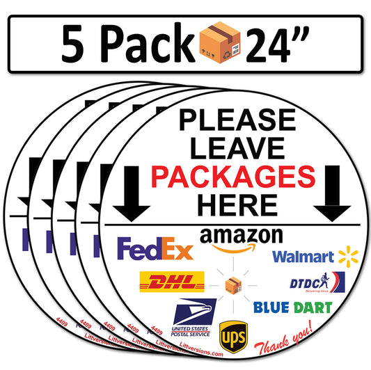 5 Pack 24" Circle Package Delivery Sign for Home, Office, Box, Front door, Porch Self-Adhesive "Please Leave Packages Here" Waterproof Sign for UPS, FedEx, Amazon Decal