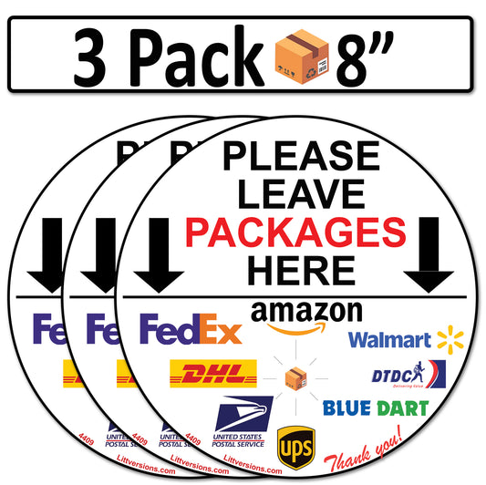 3 Pack 8" Circle Package Delivery Sign for Home, Office, Box, Front door, Porch Self-Adhesive "Please Leave Packages Here" Waterproof Sign for UPS, FedEx, Amazon Decal