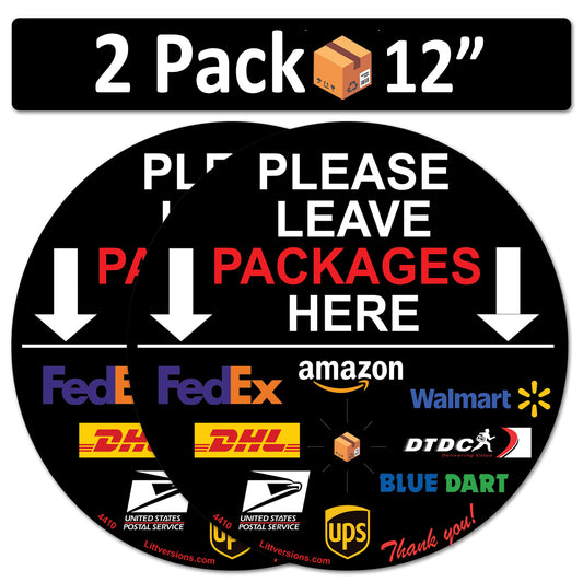 2 Pack 12" Black Circle Package Delivery Sign for Home, Office, Box, Front door, Porch Self-Adhesive "Please Leave Packages Here" Waterproof Sign for UPS, FedEx, Amazon Decal