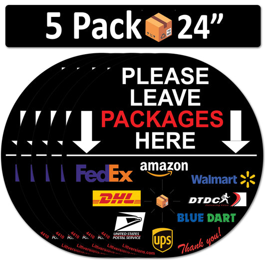 5 Pack 24" Black Circle Package Delivery Sign for Home, Office, Box, Front door, Porch Self-Adhesive "Please Leave Packages Here" Waterproof Sign for UPS, FedEx, Amazon Decal