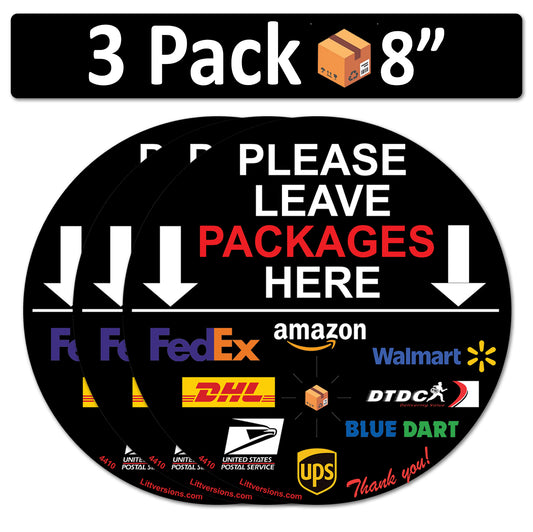 3 Pack 8" Black Circle Package Delivery Sign for Home, Office, Box, Front door, Porch Self-Adhesive "Please Leave Packages Here" Waterproof Sign for UPS, FedEx, Amazon Decal