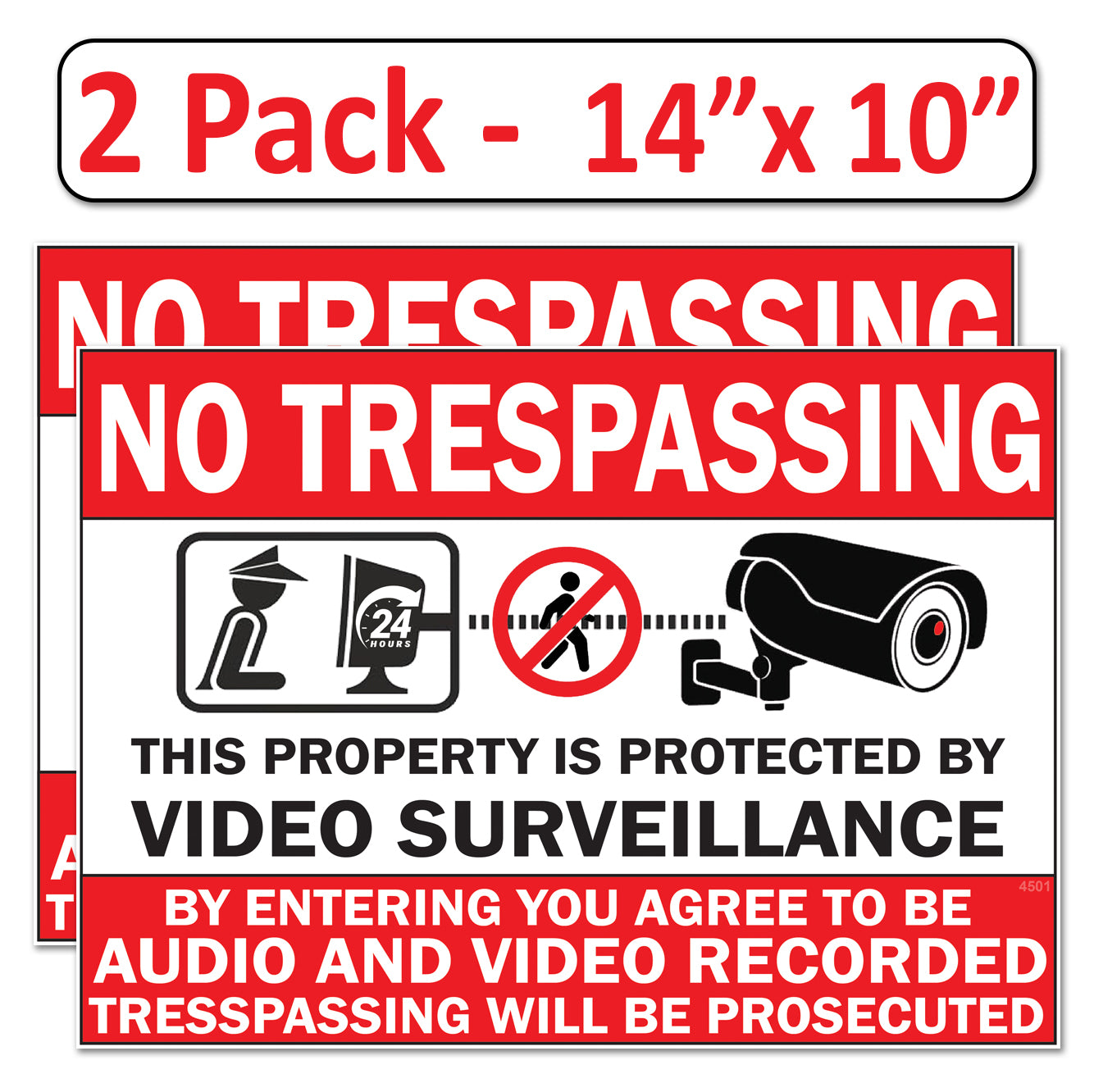 2 Pack 10"x14" Laminated Vinyl “No Trespassing, Private Property" Video Surveillance Labels Stickers Sign Decals Security Sign for Home, Business, Windows, and CCTV Systems