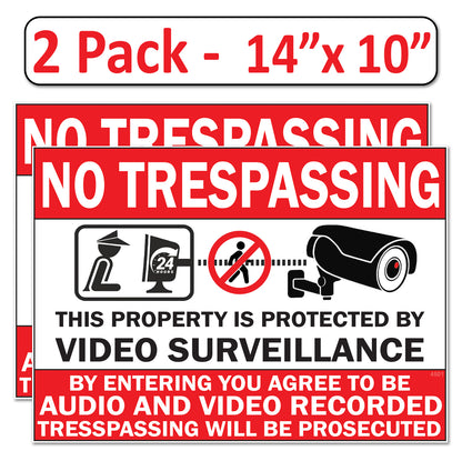 2 Pack 10"x14" Laminated Vinyl “No Trespassing, Private Property" Video Surveillance Labels Stickers Sign Decals Security Sign for Home, Business, Windows, and CCTV Systems