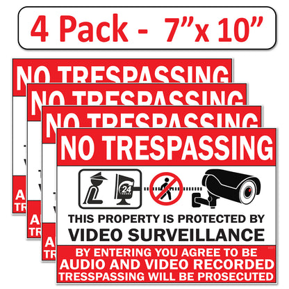 4 Pack 7"x10" Laminated Vinyl “No Trespassing, Private Property" Video Surveillance Labels Stickers Sign Decals Security Sign for Home, Business, Windows, and CCTV Systems