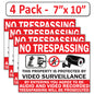 4 Pack 7"x10" Laminated Vinyl “No Trespassing, Private Property" Video Surveillance Labels Stickers Sign Decals Security Sign for Home, Business, Windows, and CCTV Systems