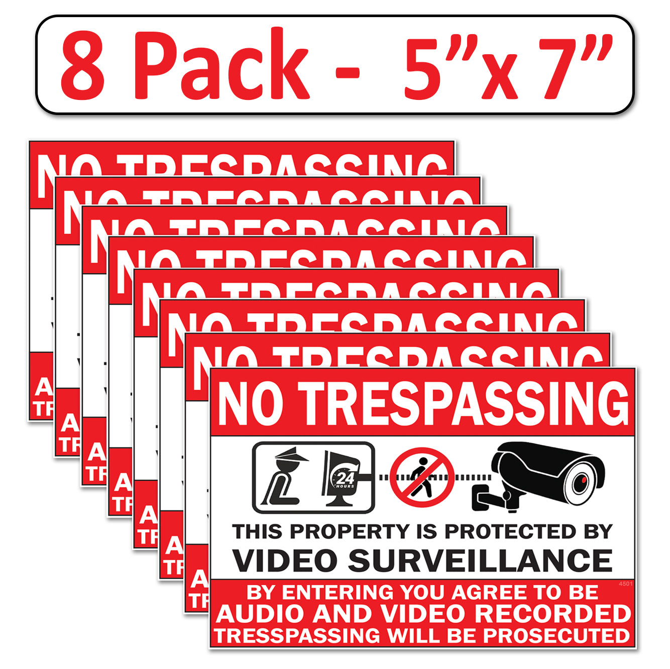 8 Pack 5"x7" Laminated Vinyl “No Trespassing, Private Property" Video Surveillance Labels Stickers Sign Decals Security Sign for Home, Business, Windows, and CCTV Systems