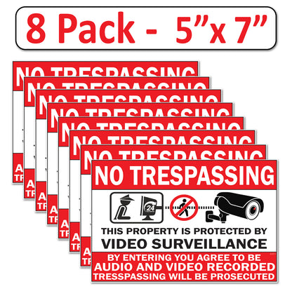 8 Pack 5"x7" Laminated Vinyl “No Trespassing, Private Property" Video Surveillance Labels Stickers Sign Decals Security Sign for Home, Business, Windows, and CCTV Systems