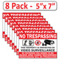 8 Pack 5"x7" Laminated Vinyl “No Trespassing, Private Property" Video Surveillance Labels Stickers Sign Decals Security Sign for Home, Business, Windows, and CCTV Systems