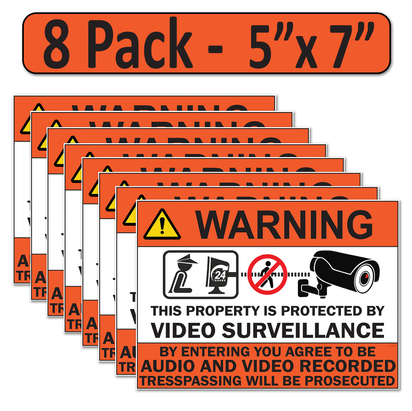 8 Pack 5"x7" Laminated Vinyl Warning “Private Property" Video Surveillance Labels Stickers Sign Decals Security Sign for Home, Business, Windows, and CCTV Systems