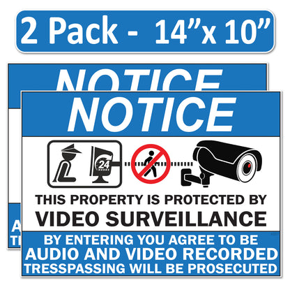 2 Pack 10"x14" Laminated Vinyl Notice “Private Property" Video Surveillance Labels Stickers Sign Decals Security Sign for Home, Business, Windows, and CCTV Systems