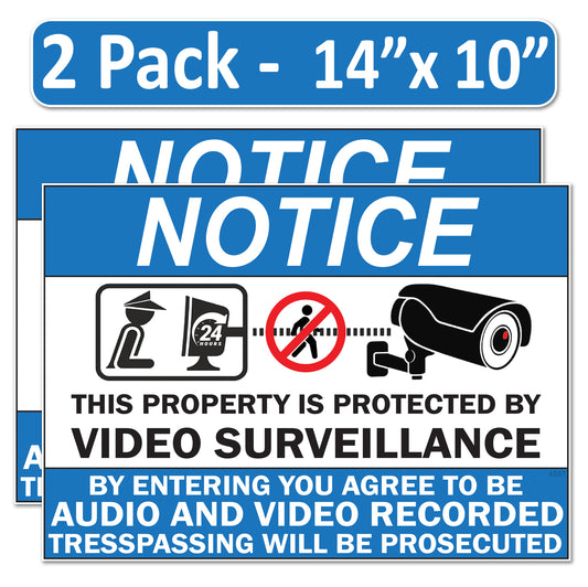 2 Pack 10"x14" Laminated Vinyl Notice “Private Property" Video Surveillance Labels Stickers Sign Decals Security Sign for Home, Business, Windows, and CCTV Systems