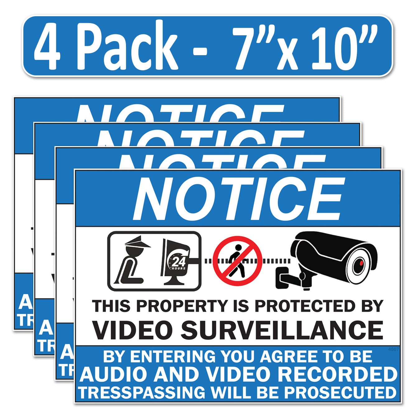 4 Pack 7"x10" Laminated Vinyl Notice “Private Property" Video Surveillance Labels Stickers Sign Decals Security Sign for Home, Business, Windows, and CCTV Systems