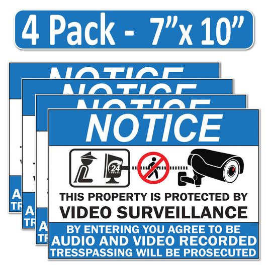 4 Pack 7"x10" Laminated Vinyl Notice “Private Property" Video Surveillance Labels Stickers Sign Decals Security Sign for Home, Business, Windows, and CCTV Systems
