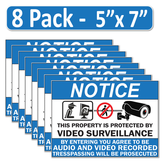 8 Pack 5"x7" Laminated Vinyl Notice “Private Property" Video Surveillance Labels Stickers Sign Decals Security Sign for Home, Business, Windows, and CCTV Systems