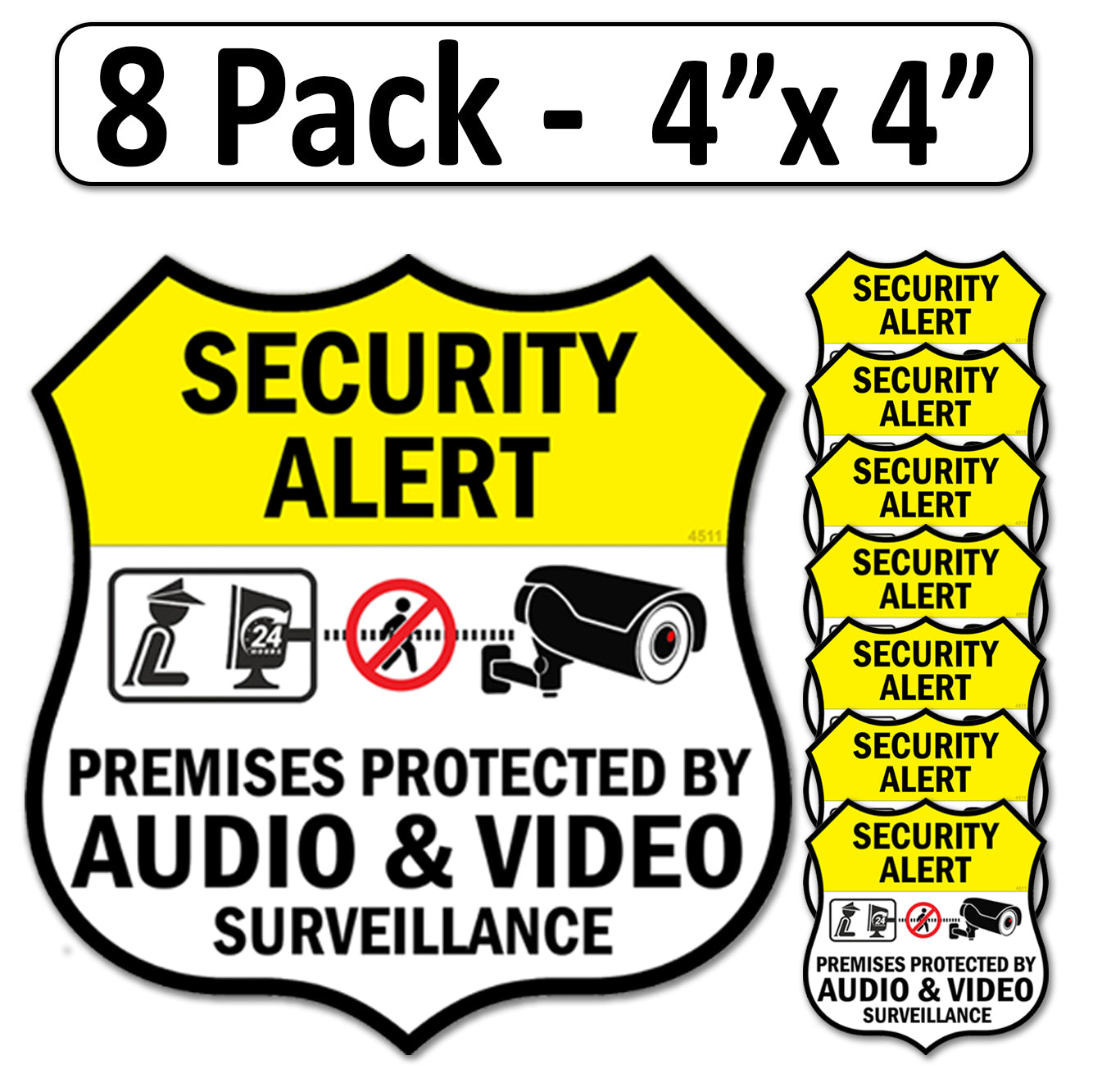 8 Pack 4"x4" Laminated Vinyl Security Alert Video Surveillance Labels Stickers Sign Decals Security Sign for Home, Business, Windows, and CCTV Systems