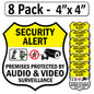 8 Pack 4"x4" Laminated Vinyl Security Alert Video Surveillance Labels Stickers Sign Decals Security Sign for Home, Business, Windows, and CCTV Systems