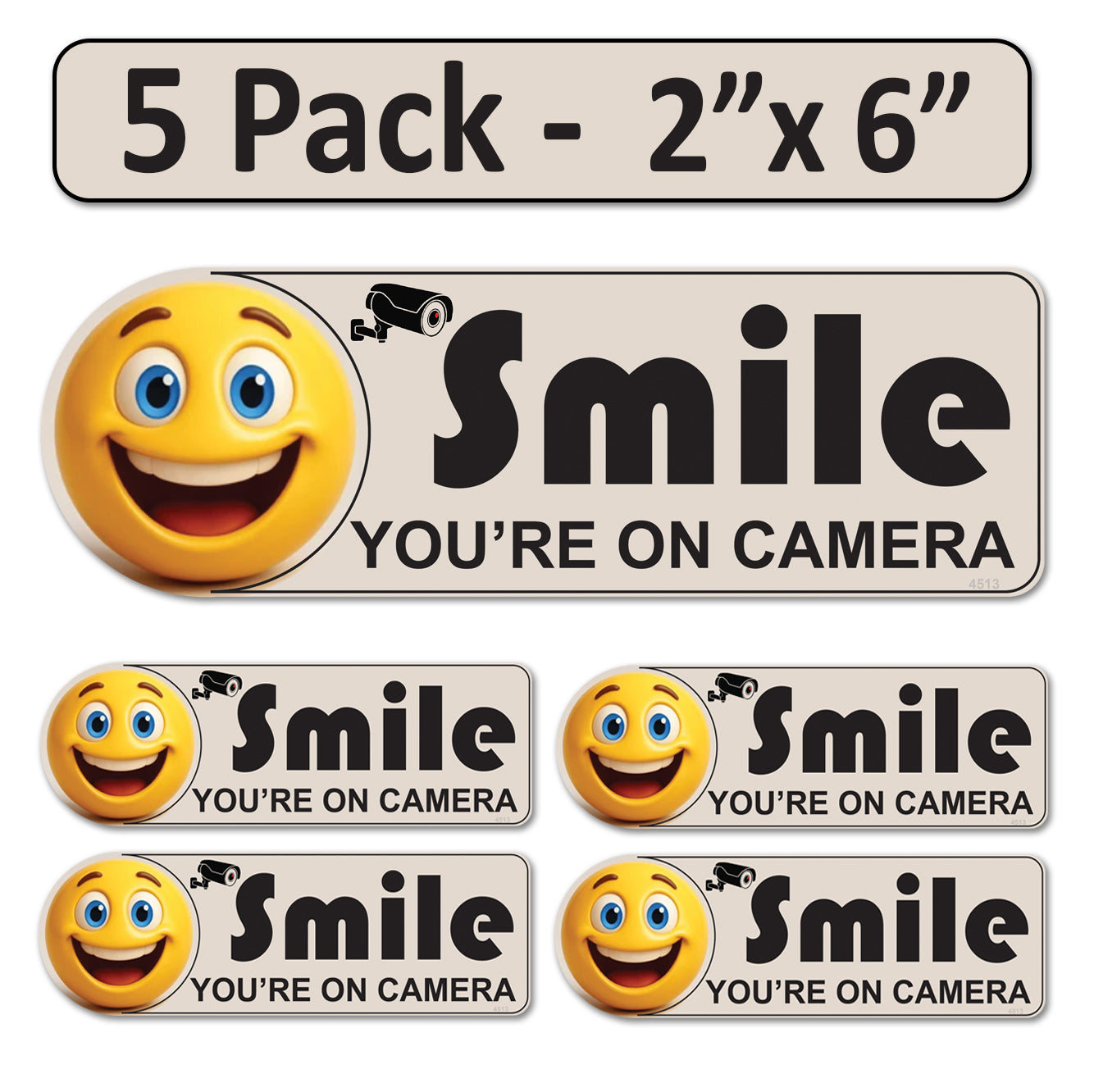 5 Pack 2"x6" Laminated Vinyl Beige "Smile You're On Camera" Video Surveillance Labels Stickers Sign Decals Security Sign for Home, Business, Cars, Windows, and CCTV Systems