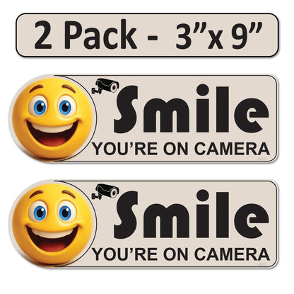 2 Pack 3"x9" Laminated Vinyl Beige "Smile You're On Camera" Video Surveillance Labels Stickers Sign Decals Security Sign for Home, Business, Cars, Windows, and CCTV Systems