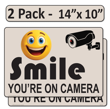 2 Pack 10"x14" Laminated Vinyl Beige "Smile You're On Camera" Video Surveillance Labels Stickers Sign Decals Security Sign for Home, Business, Cars, Windows, and CCTV Systems
