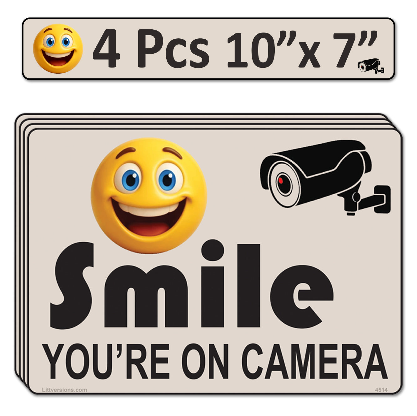4 Pack 7"x10" Laminated Vinyl Beige "Smile You're On Camera" Video Surveillance Labels Stickers Sign Decals Security Sign for Home, Business, Cars, Windows, and CCTV Systems