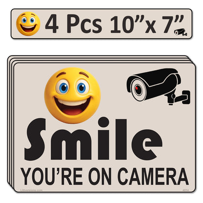 4 Pack 7"x10" Laminated Vinyl Beige "Smile You're On Camera" Video Surveillance Labels Stickers Sign Decals Security Sign for Home, Business, Cars, Windows, and CCTV Systems